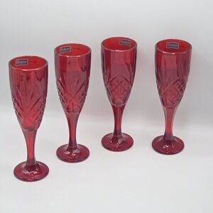 Dublin Set of 4 Ruby Red Crystal Flute 6oz For Champagne Prosecco Sparkling Wine